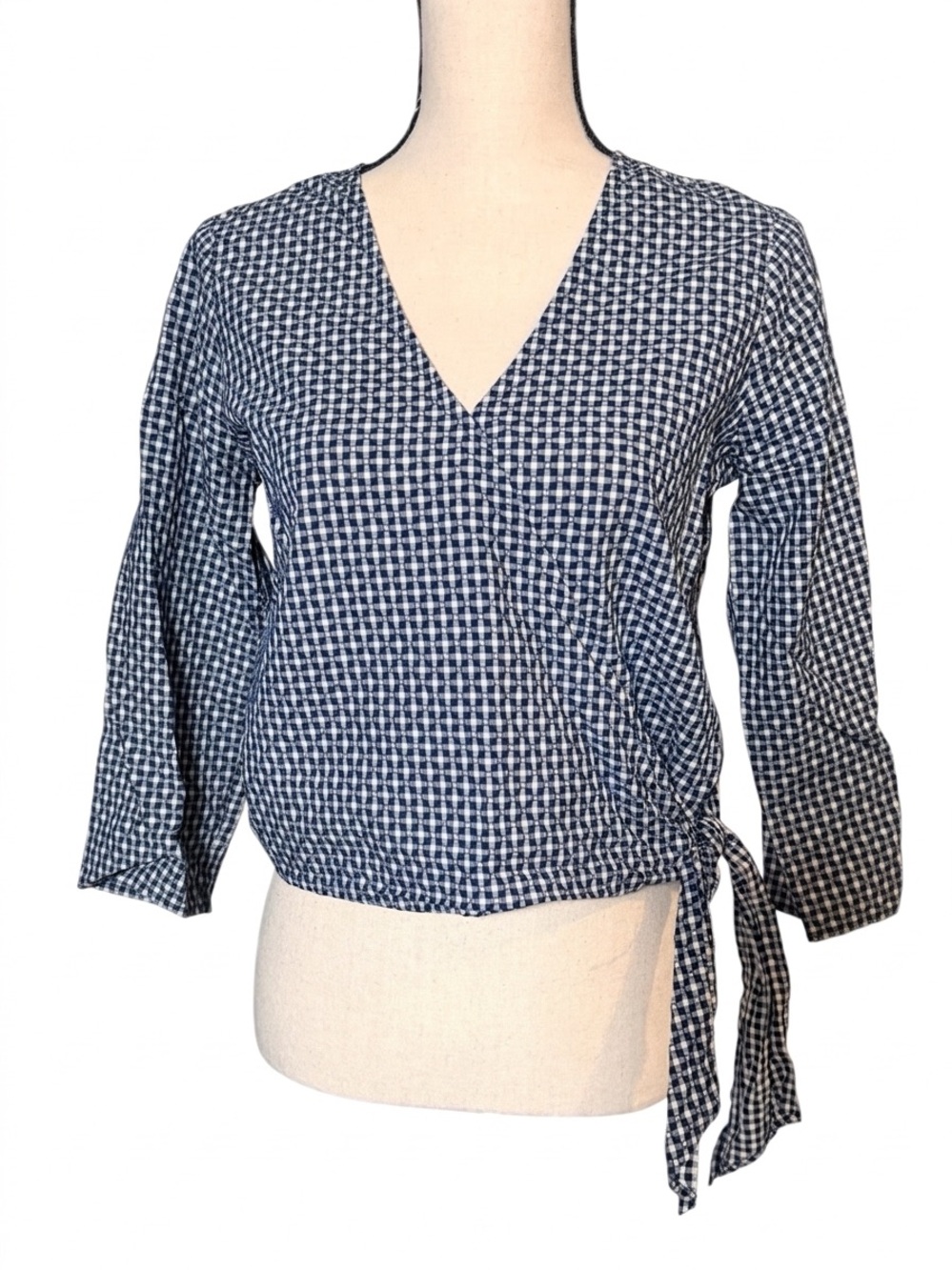 Madewell Textured Cotton Wrap Top Gingham Blue White Size Small